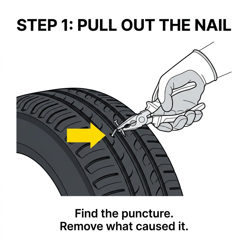 Hand pulling a nail from a tyre puncture