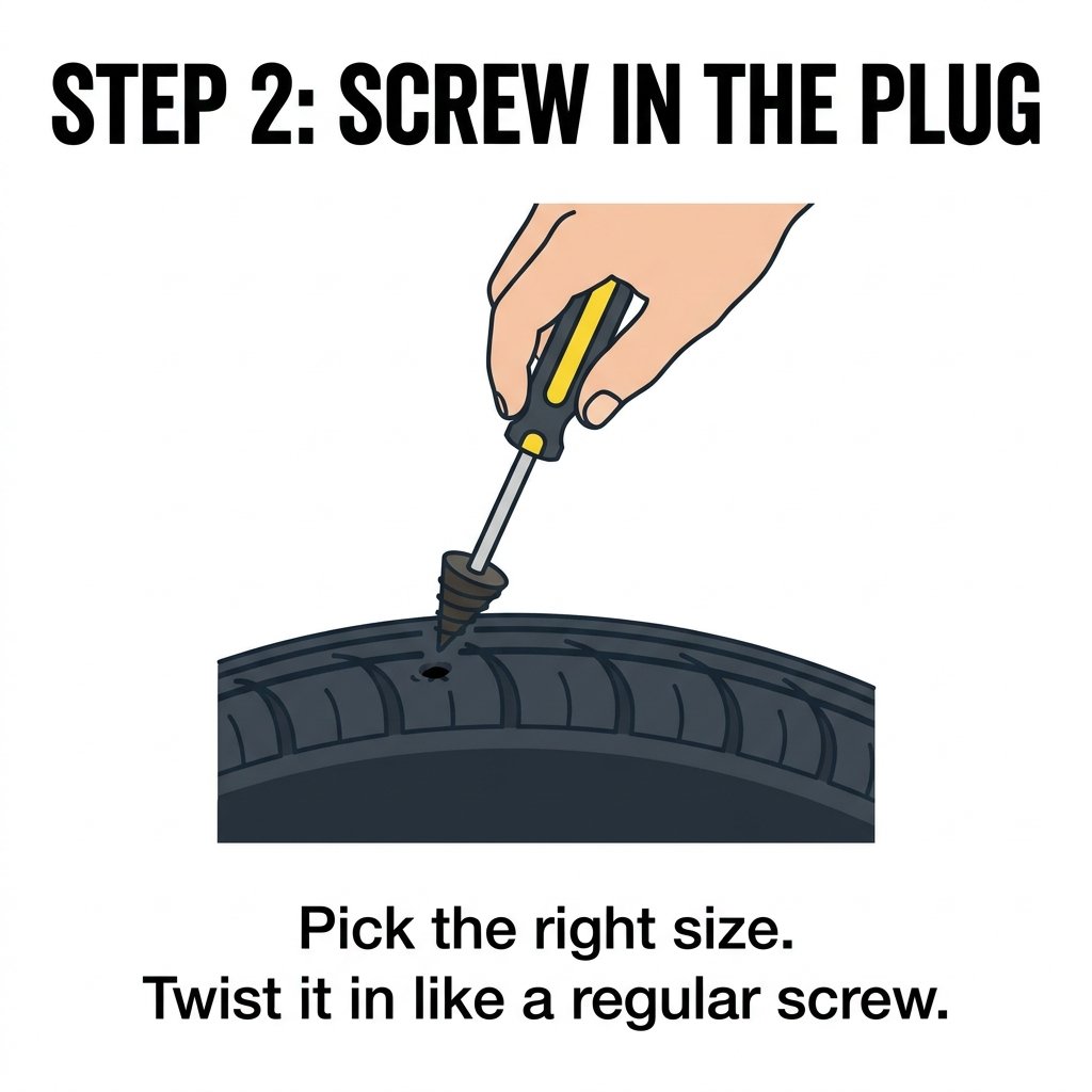 Screwing the rubber plug into the tyre puncture with a screwdriver