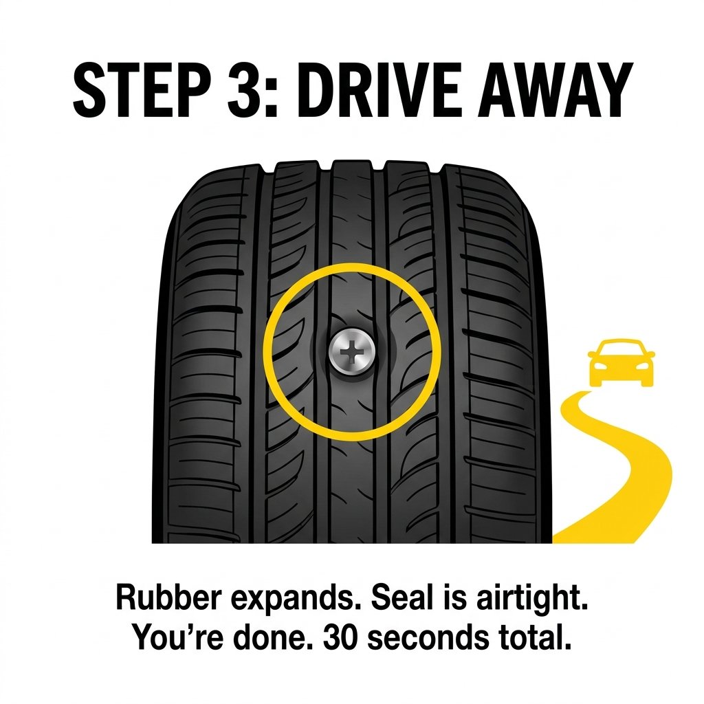 Plug screw embedded in tyre, sealed and ready to drive